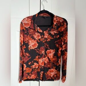Jane Delancey Floral Black and Orange Women’s sheer button down blouse. Size M.